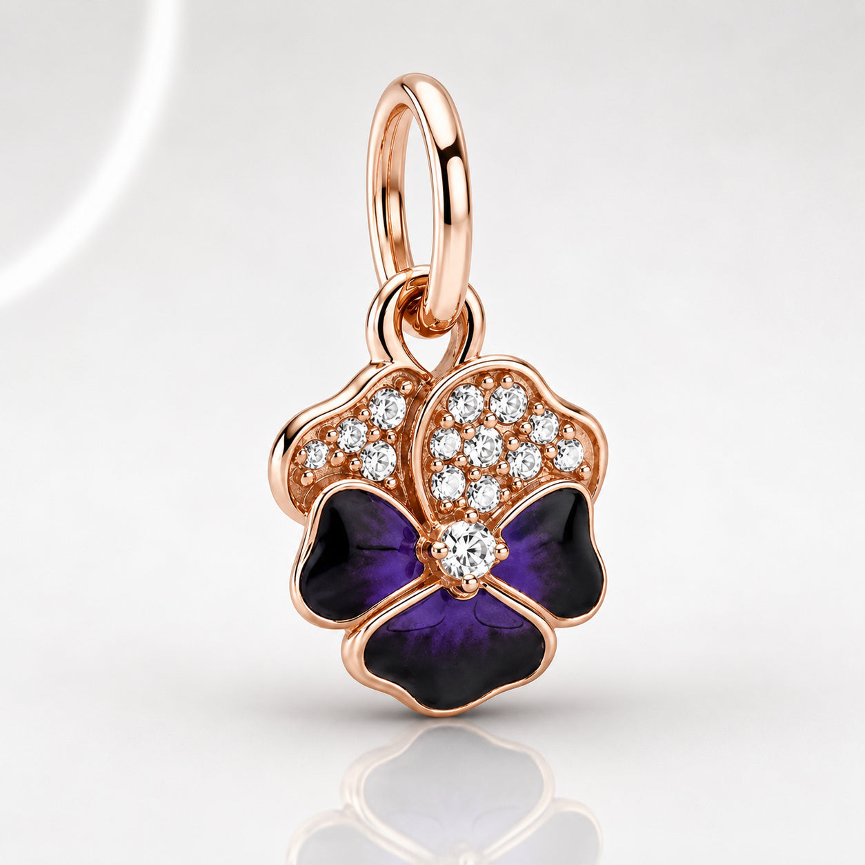 Deep Purple Pansy Flower Dangle Charm Hallmarked S925 Sterling Silver