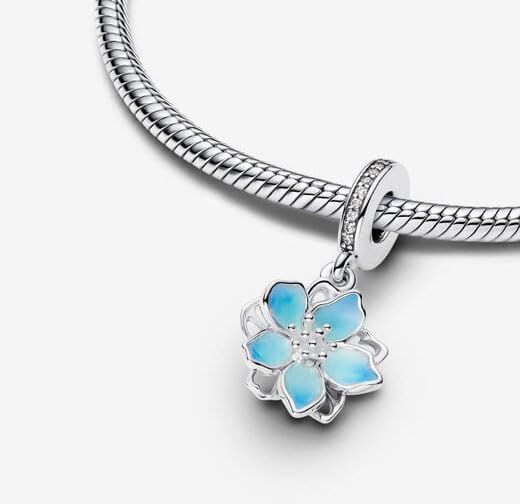 Blue Cherry Blossom Dangle Charm Hallmarked S925 Sterling Silver