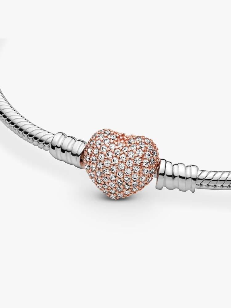 Sparkling Rose Gold Heart & Snake Chain Charm Bracelet