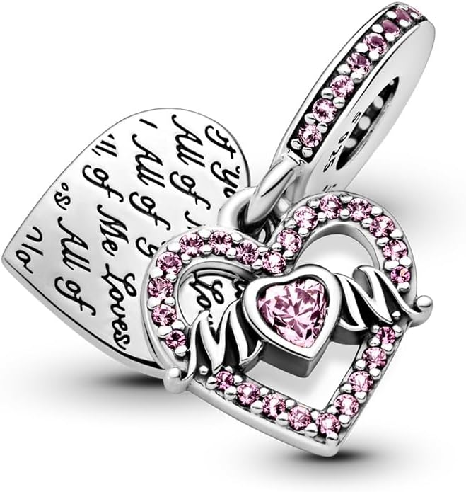 Pink Heart & Mum Dangle Charm Hallmarked S925 Sterling Silver