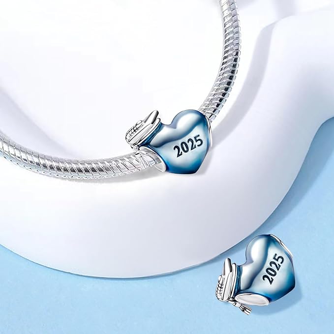 Blue 2025 Graduation Heart Charm Hallmarked S925 Sterling Silver