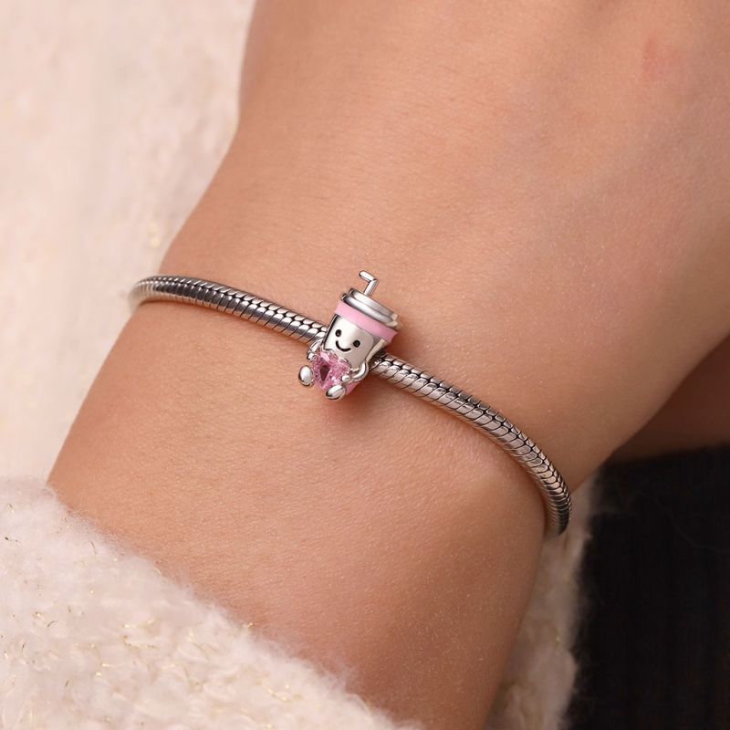 Fun Coffee-To-Go Cup Pink Embraces Love Charm Hallmarked S925 Sterling Silver