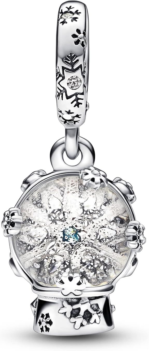 Snowflake Snow globe Dangle Charm Hallmarked S925 Sterling Silver