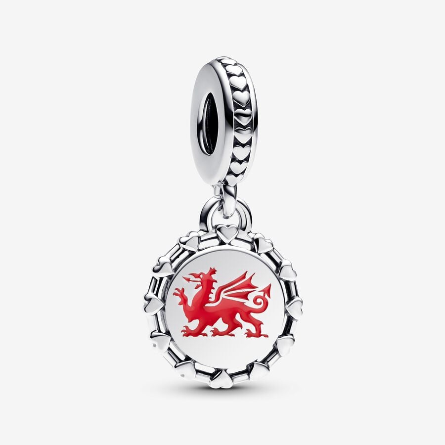 Engravable Welsh Red Dragon Dangle Charm Hallmarked S925 Sterling Silver