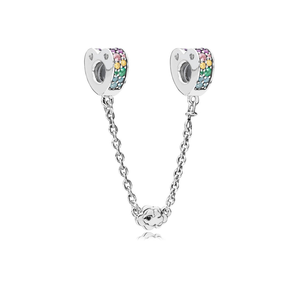 Rainbow Pave Heart Safety Chain Charm Hallmarked S925 Sterling Silver