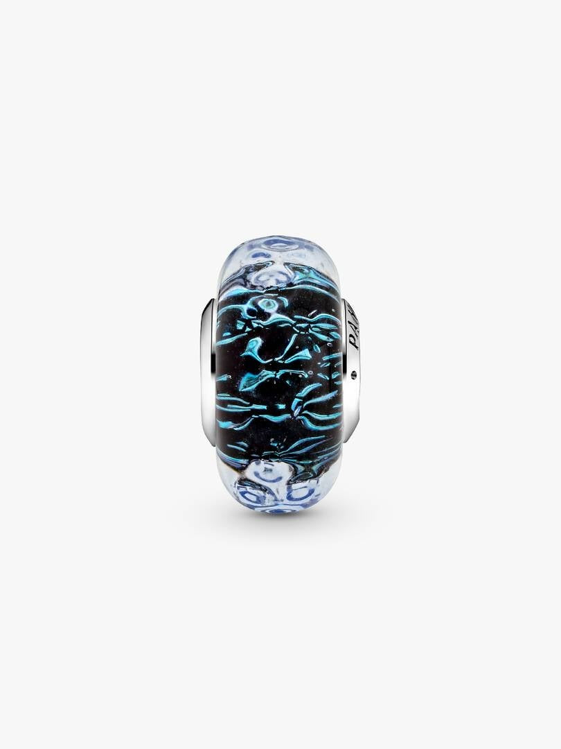 Wavy Dark Blue Murano Glass Ocean Charm Hallmarked S925 Sterling Silver