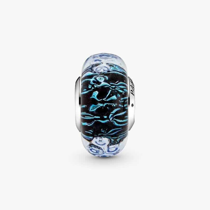 Wavy Dark Blue Murano Glass Ocean Charm Hallmarked S925 Sterling Silver