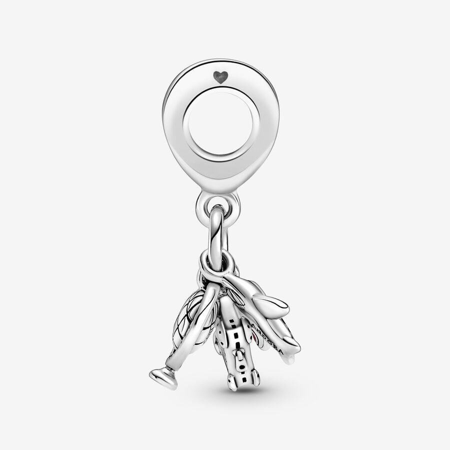 Airplane, Globe & Suitcase Travel Dangle Charm Hallmarked S925 Sterling Silver