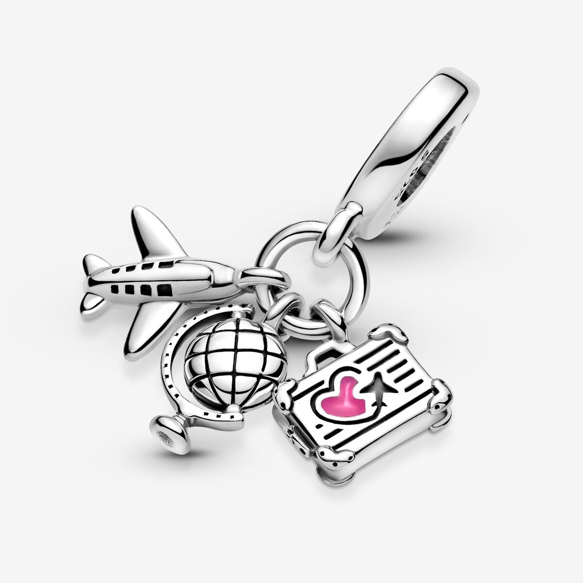 Airplane, Globe & Suitcase Travel Dangle Charm Hallmarked S925 Sterling Silver