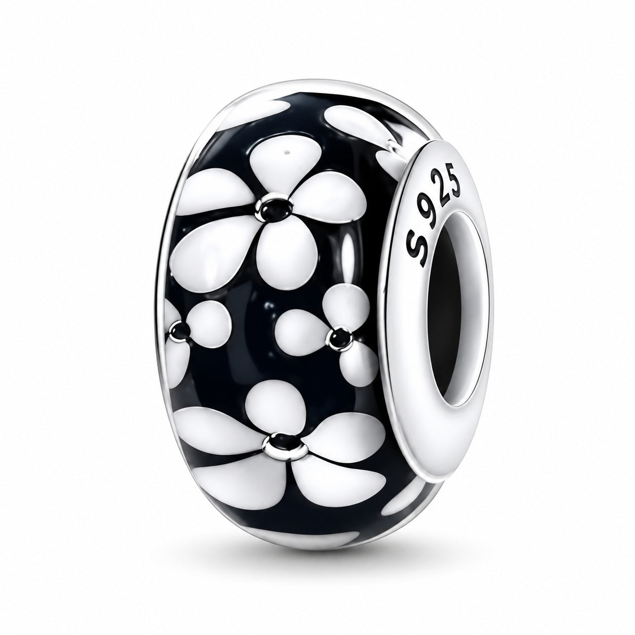 Black & White Flower Murano Charm Hallmarked S925 Sterling Silver