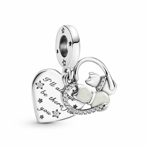 Cats & Heart Double Dangle Charm Hallmarked S925 Sterling Silver