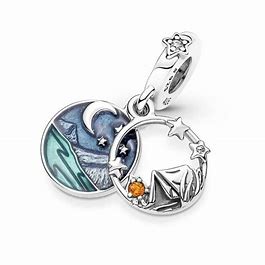 Camping Night Sky Double Dangle Charm Hallmarked S925 Sterling Silver