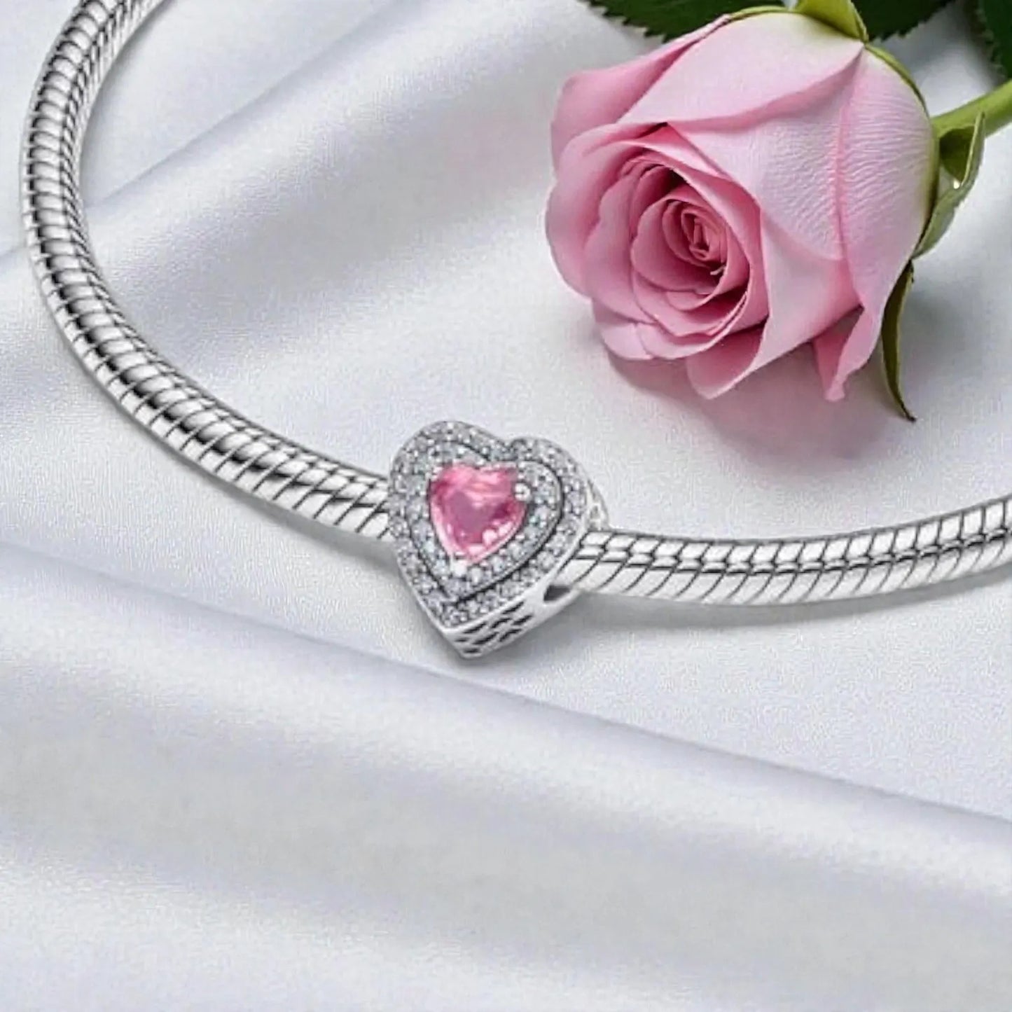 Pink Sparkling Levelled Hearts Charm Hallmarked S925 Sterling Silver