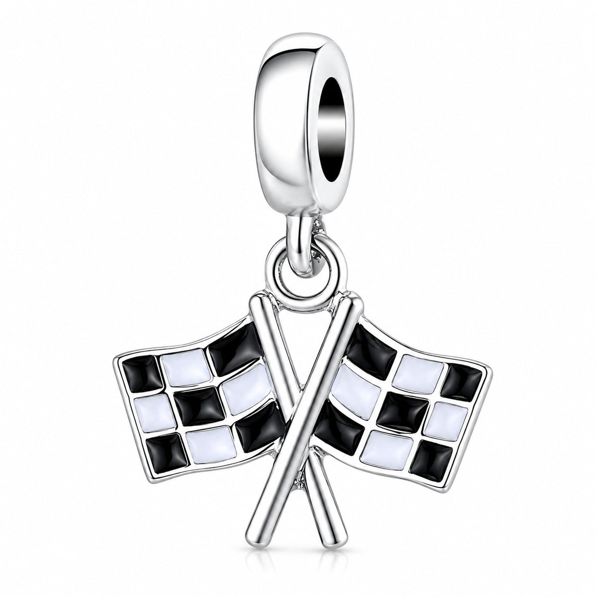 Dangling Black and White Checkered Flags Charm Hallmarked S925 Sterling Silver