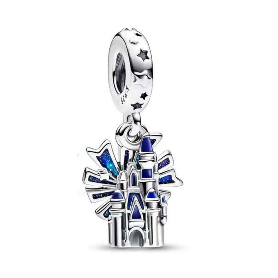 Disney Castle and Fireworks Dangle Charm Hallmarked S925 Sterling Silver