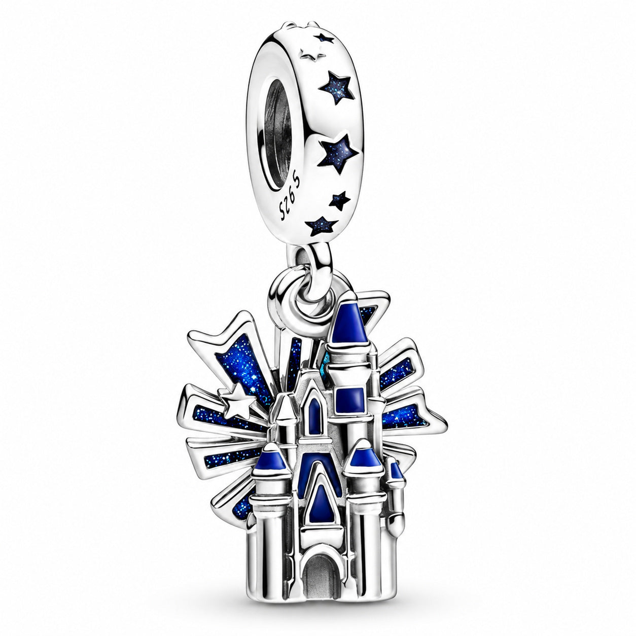 Disney Castle and Fireworks Dangle Charm Hallmarked S925 Sterling Silver
