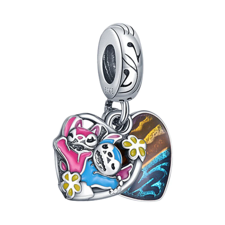 Disney Lilo Stitch-Stitch & Angel Double Dangle Charm Hallmarked S925 Sterling Silver