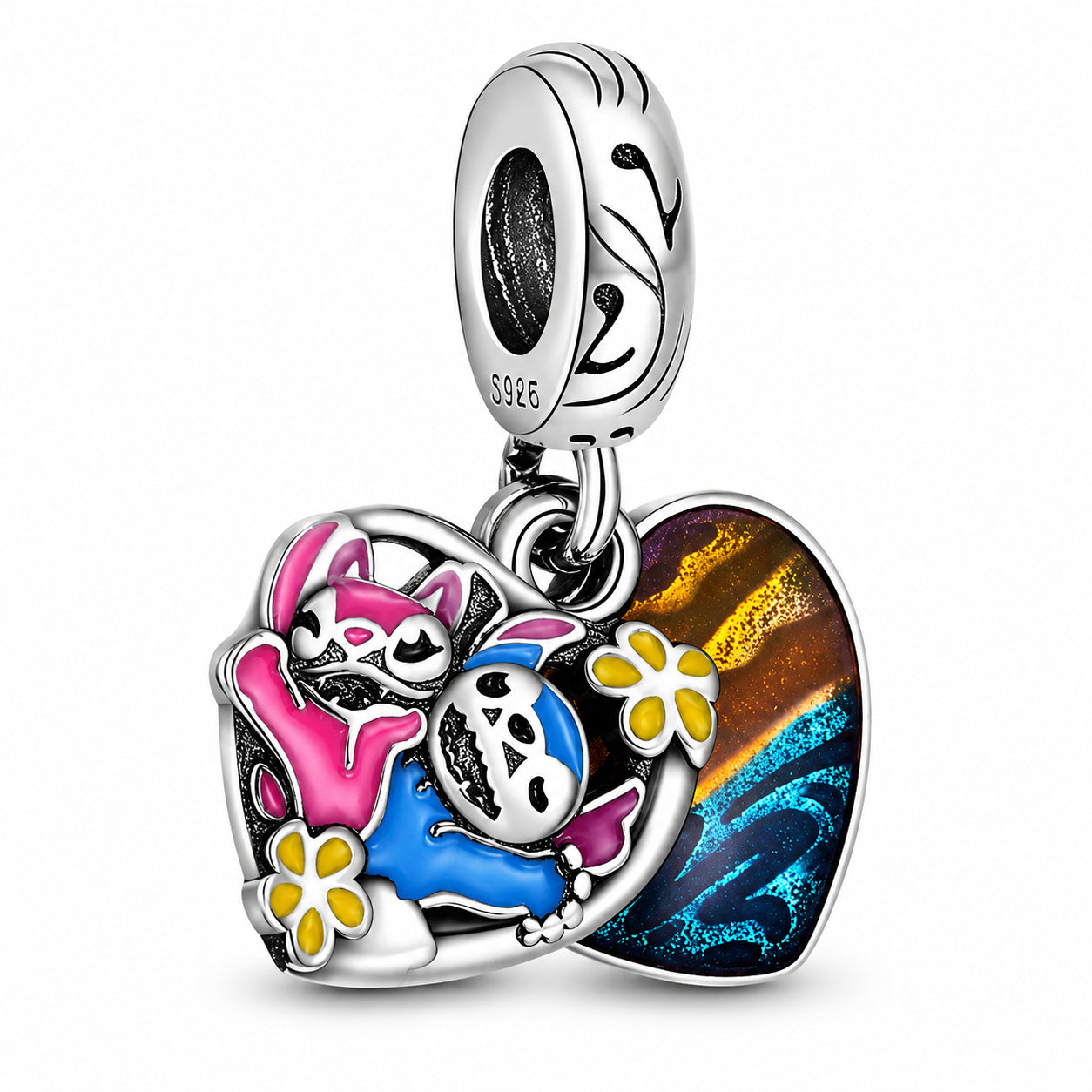 Disney Lilo Stitch-Stitch & Angel Double Dangle Charm Hallmarked S925 Sterling Silver