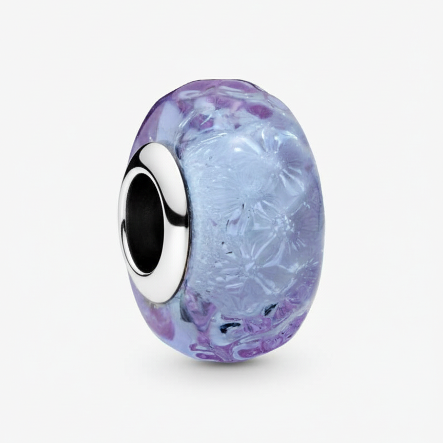 Wavy Lavender Murano Glass Charm Hallmarked S925 Sterling Silver