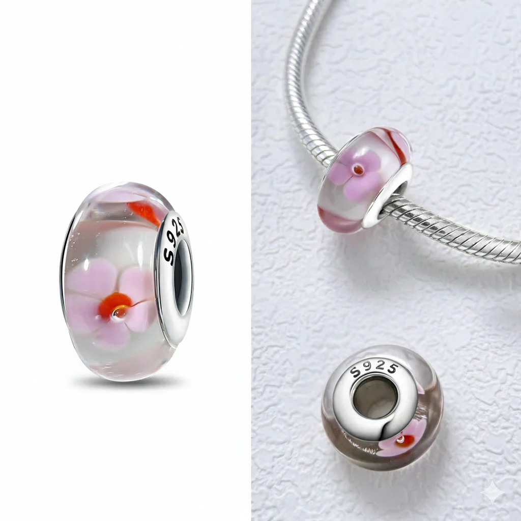 Pink Floral Murano Glass Charm Hallmarked S925 Sterling Silver