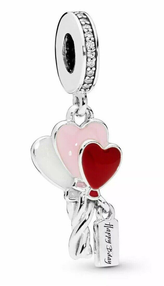 Birthday Heart Balloons Dangle Charm Hallmarked S925 Sterling Silver