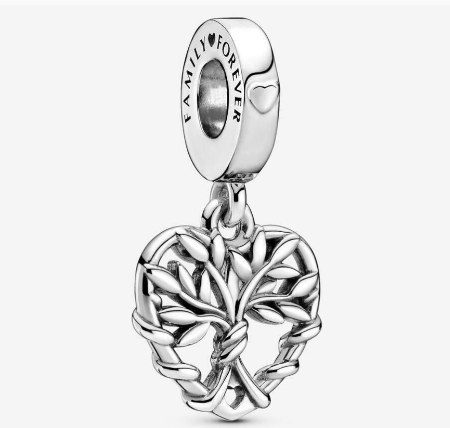 Heart Family Tree Dangle Charm Hallmarked S925 Sterling Silver
