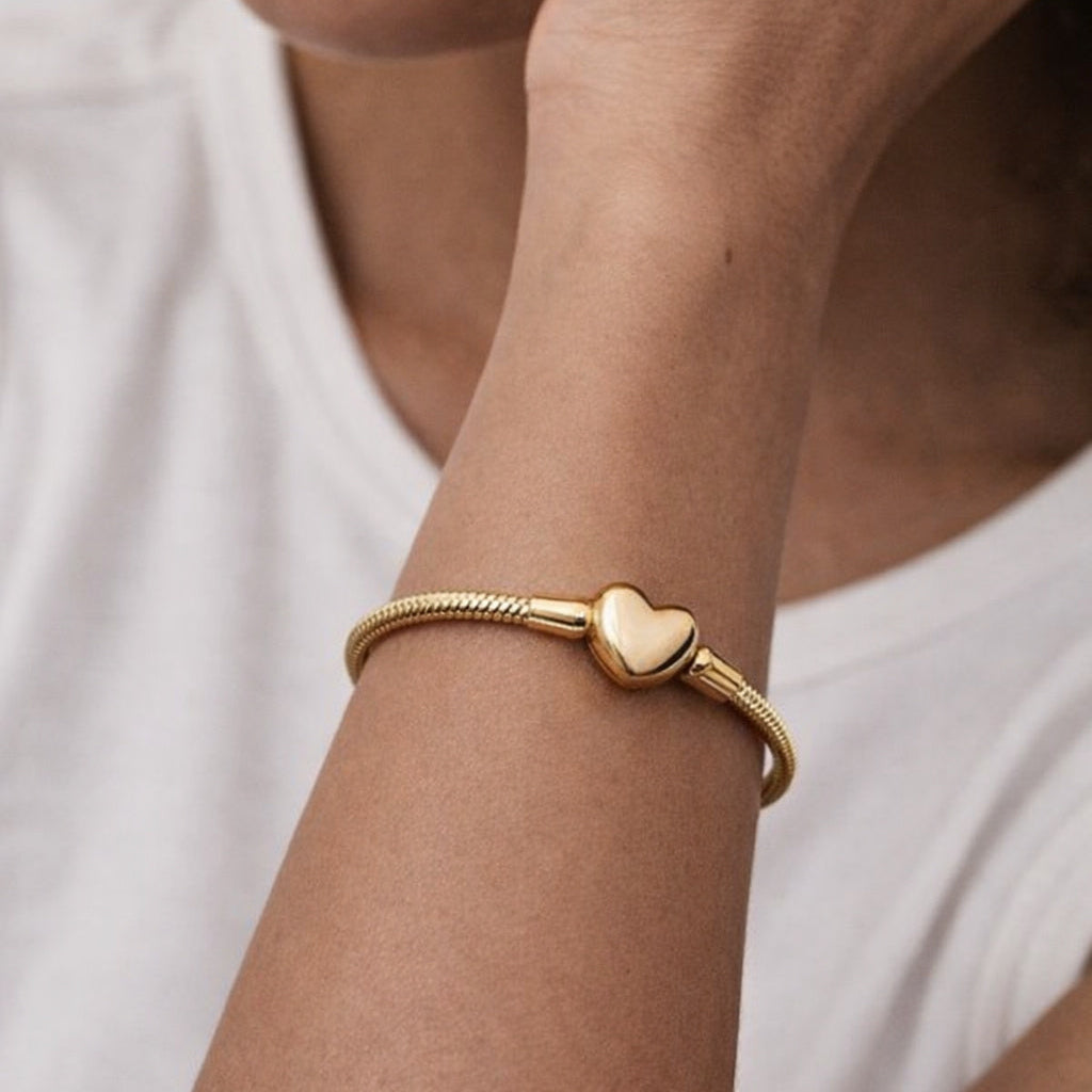 Gold Plated Heart Clasp Snake Chain Charm Bracelet Sterling Silver