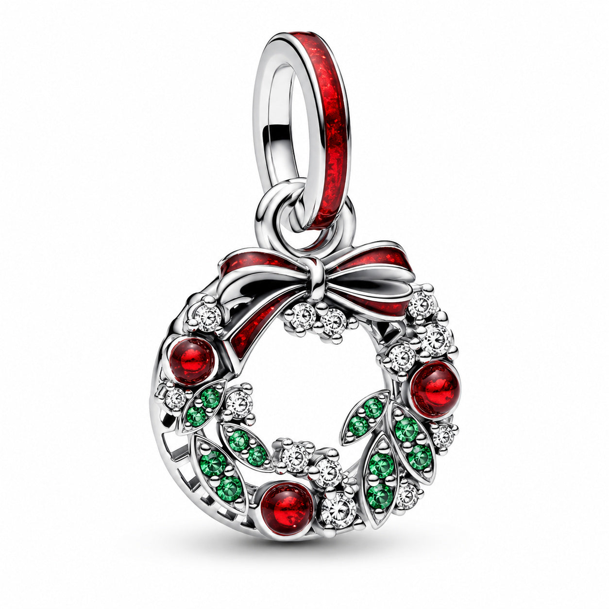 Holiday Wreath Double Dangle Charm Hallmarked S925 Sterling Silver