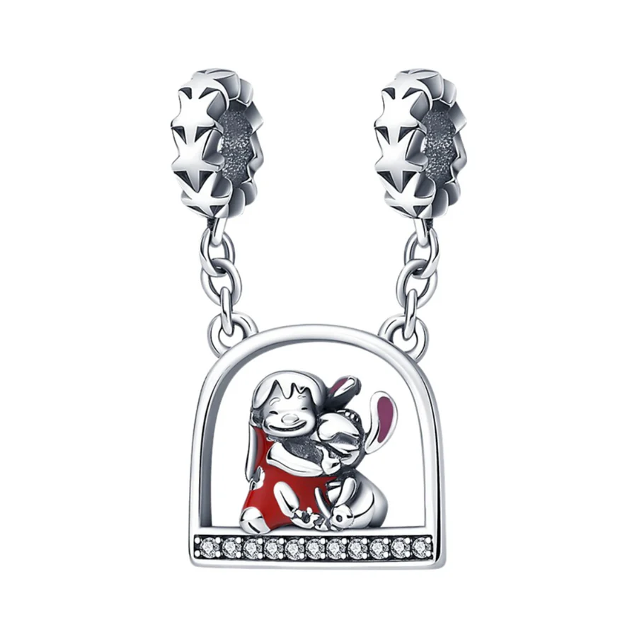 Disney Lilo & Stitch Friendship Hanging Double Dangle Charm Hallmarked S925 Sterling Silver