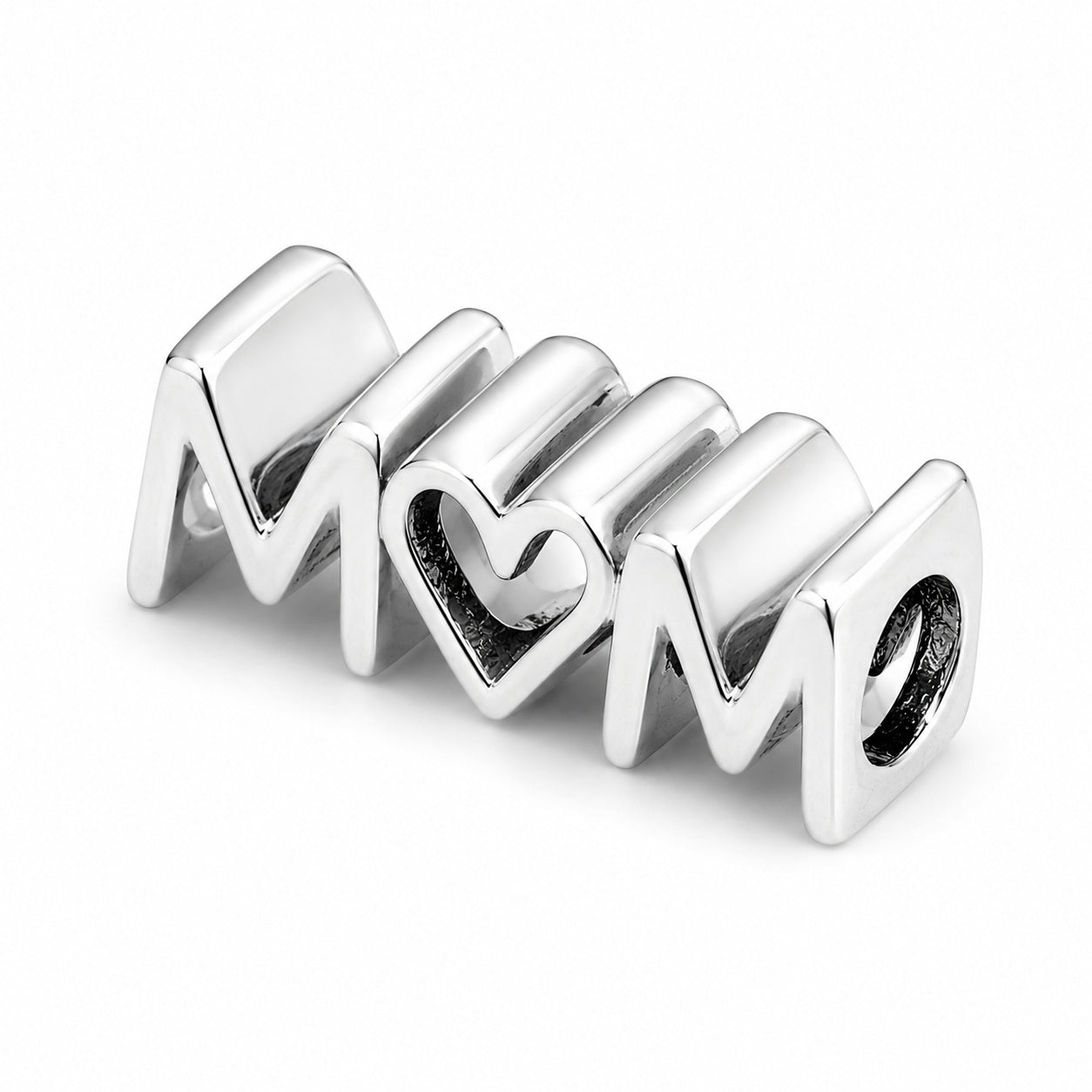 Mom Script Heart Charm Hallmarked S925 Sterling Silver