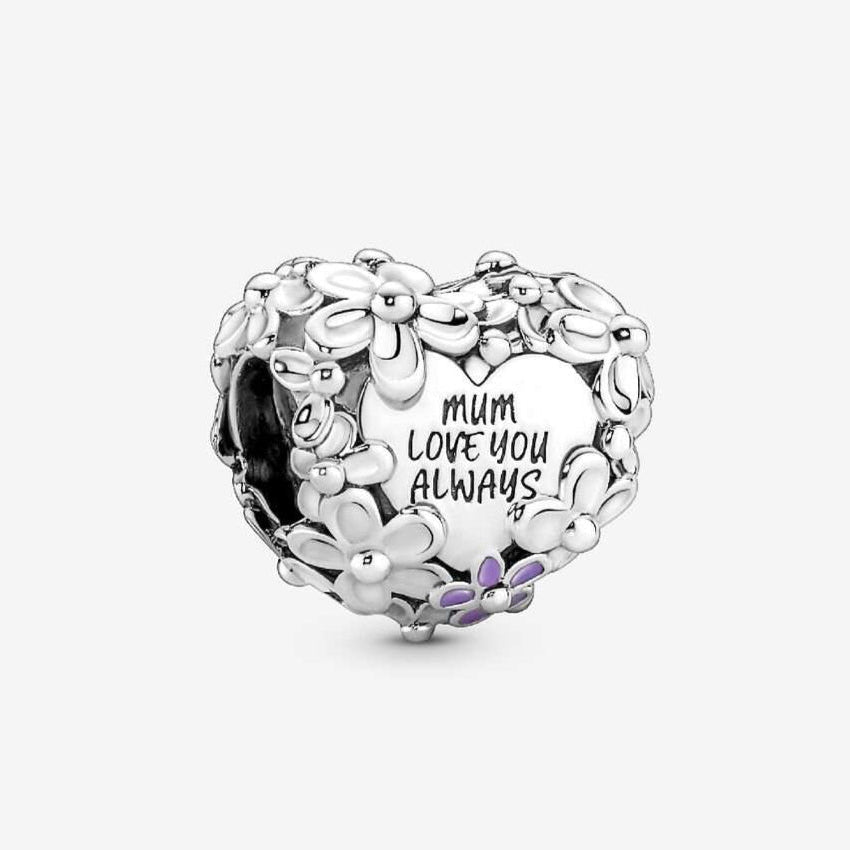 Mum Daisy Heart Charm Hallmarked S925 Sterling Silver
