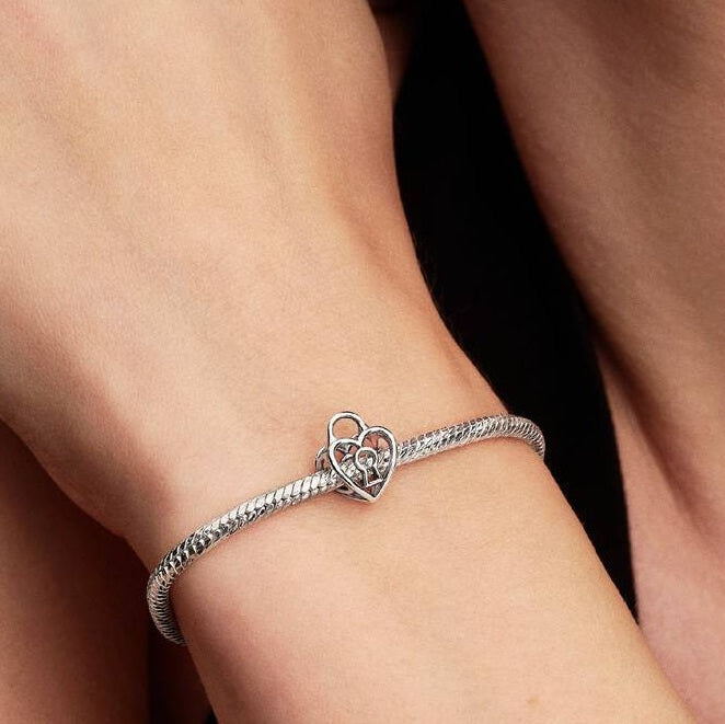 Openwork Heart Padlock Dangle Charm S925 Sterling Silver