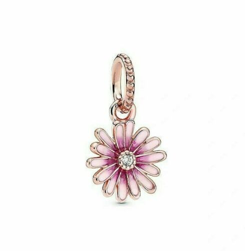 Pink Daisy Dangle Charm Hallmarked S925 Sterling Silver
