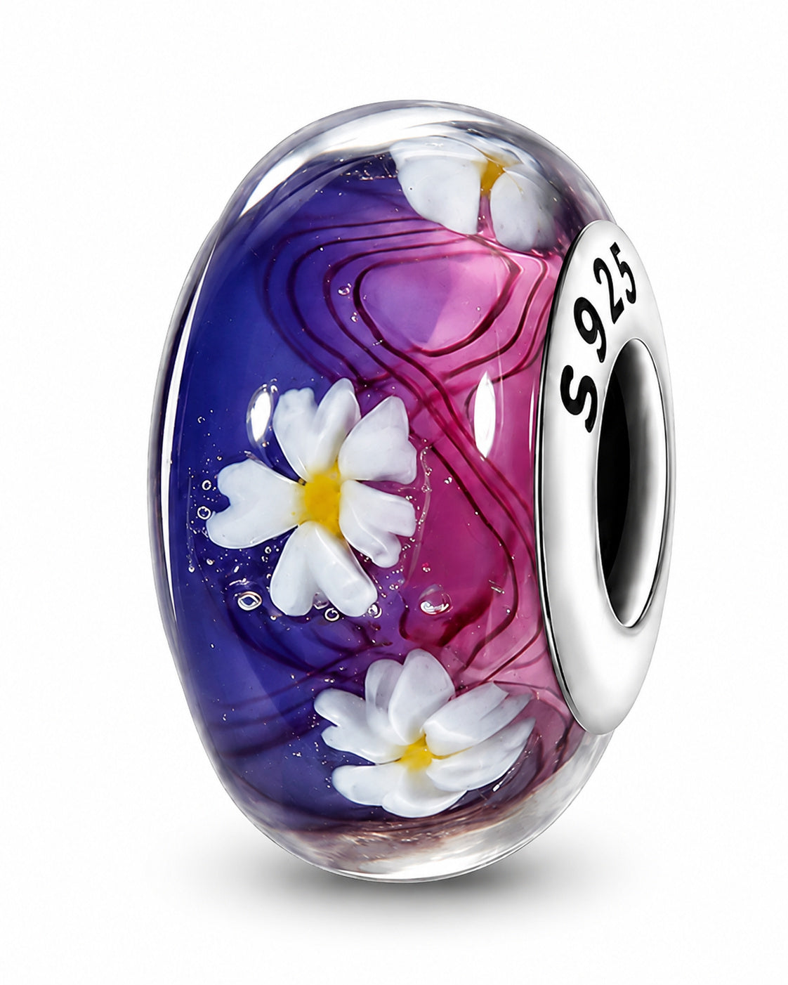 Pink and Purple Murano Glass Cherry Blossom Charm S925 Sterling Silver