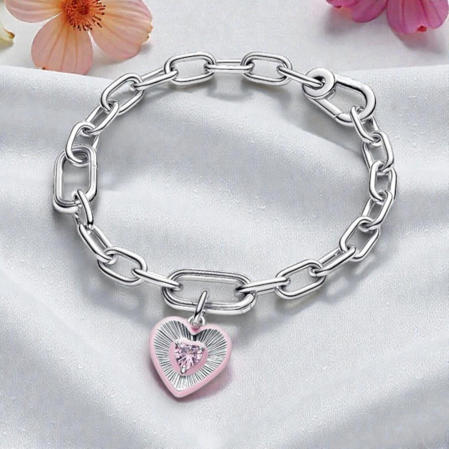 Radiating Pink Heart Medallion Charm Hallmarked S925 Sterling Silver