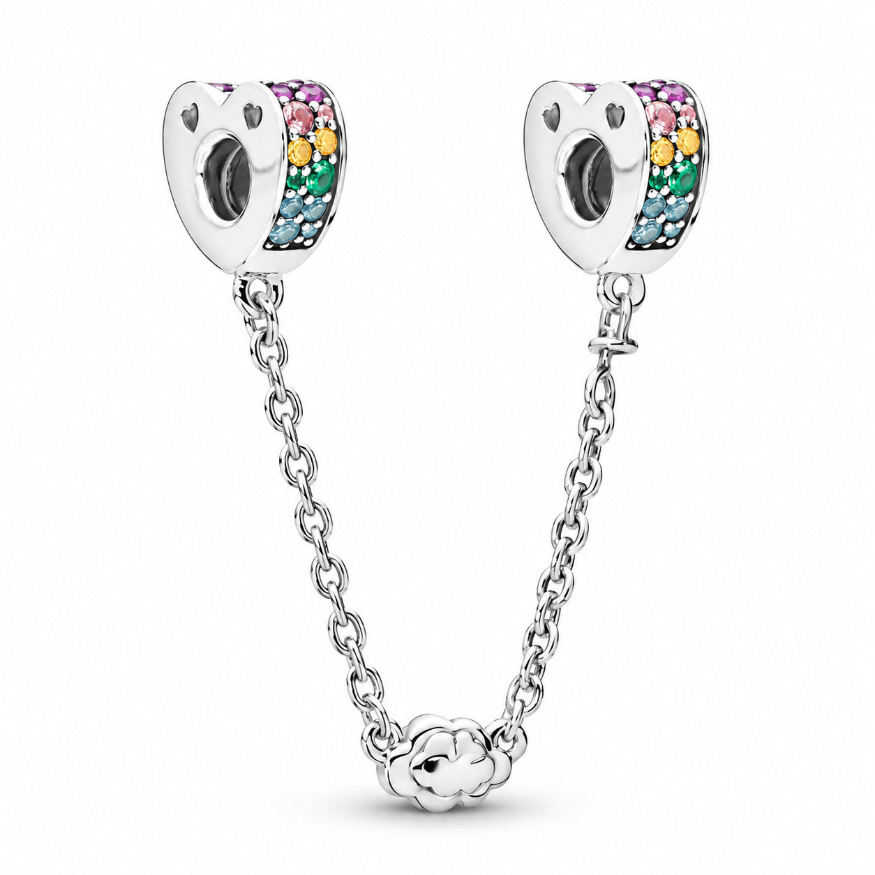 Rainbow Pave Heart Safety Chain Charm Hallmarked S925 Sterling Silver