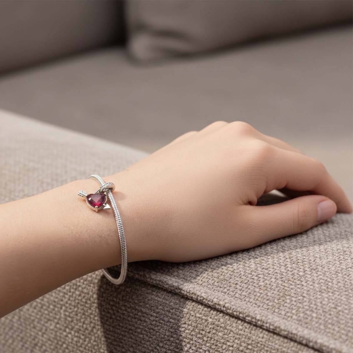 Red Heart & Arrow Murano Glass Dangle Charm Hallmarked S925 Sterling Silver