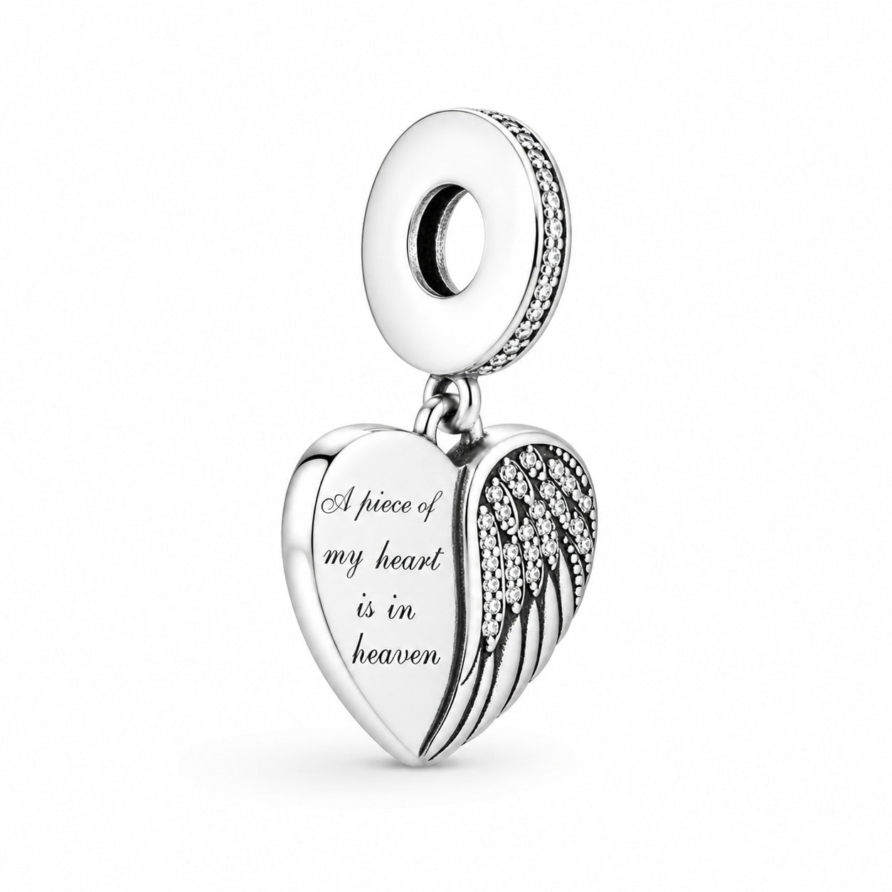 Remembrance Angel Wing Heart Charm S925 Hallmarked Compatible Sterling Silver Charm