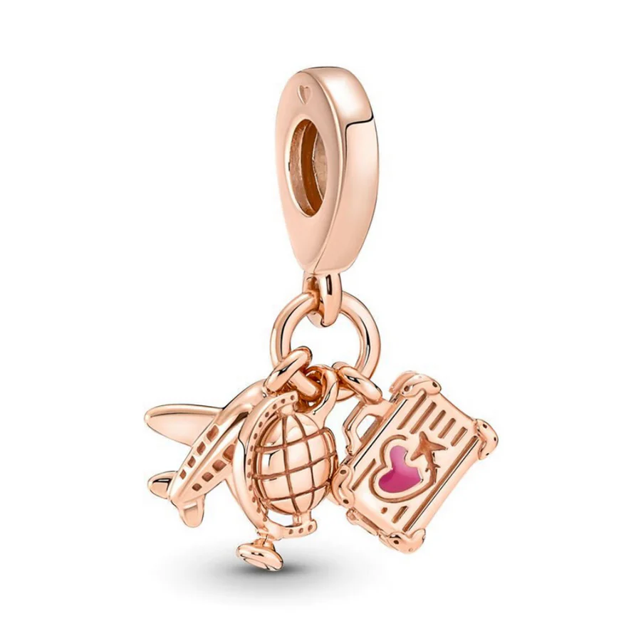 Rose Gold Plane, Globe & Suitcase Triple Dangle Charm Hallmarked S925 Sterling Silver