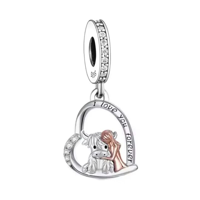 Girl & Scottish Highland Cow Dangle Charm Hallmarked S925 Sterling Silver