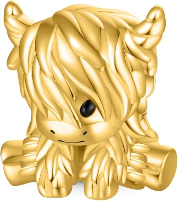Gold Scottish Highland Cow Charm Hallmarked S925 Sterling Silver