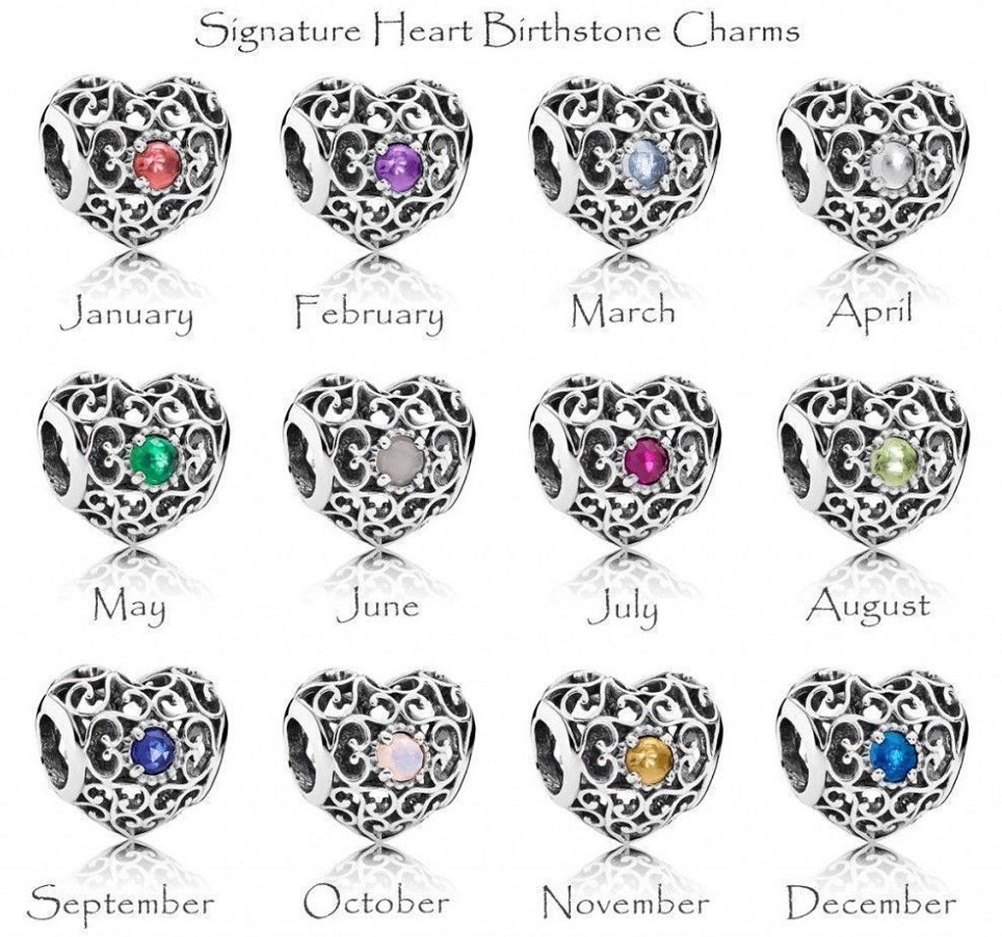 S925 Signature Heart Birthstone Months Sterling Silver Charms Collection