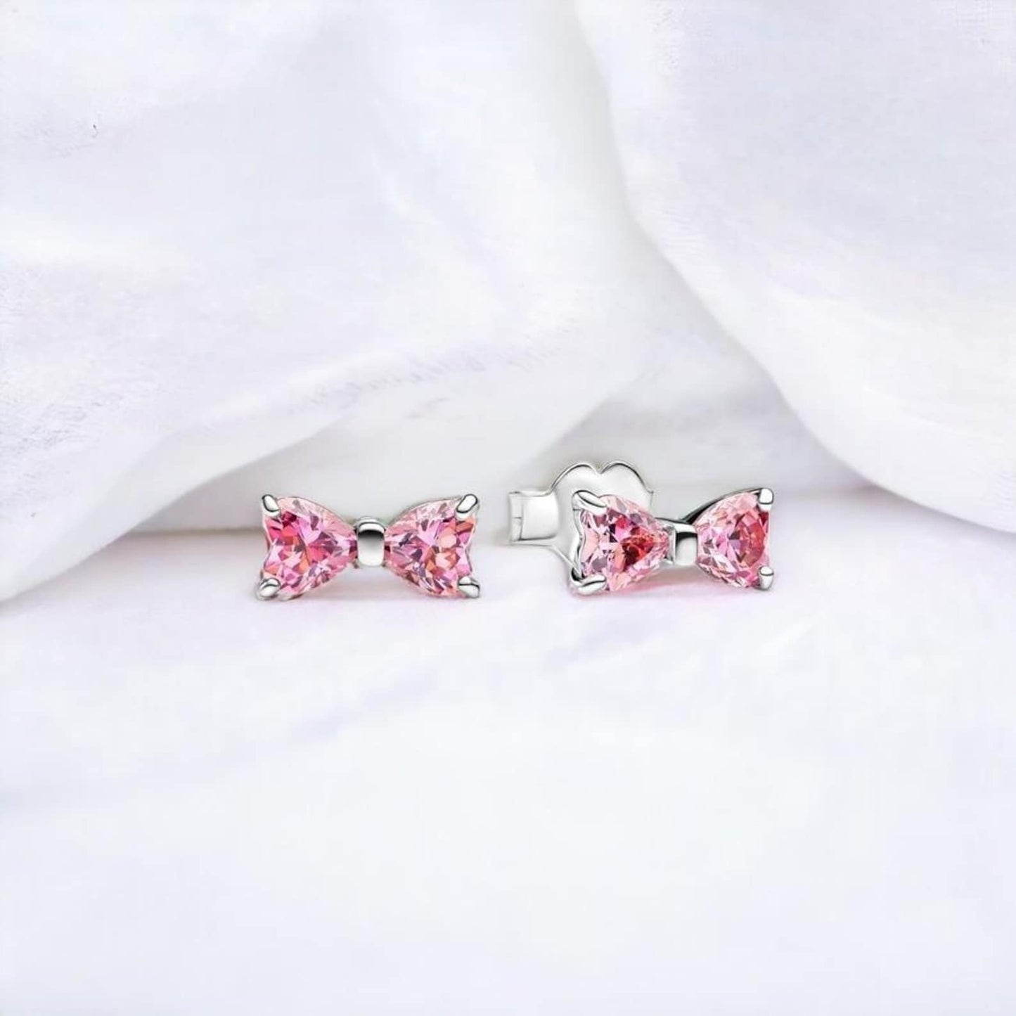 Sparkling Pink Bow Sterling Silver Stud Earrings