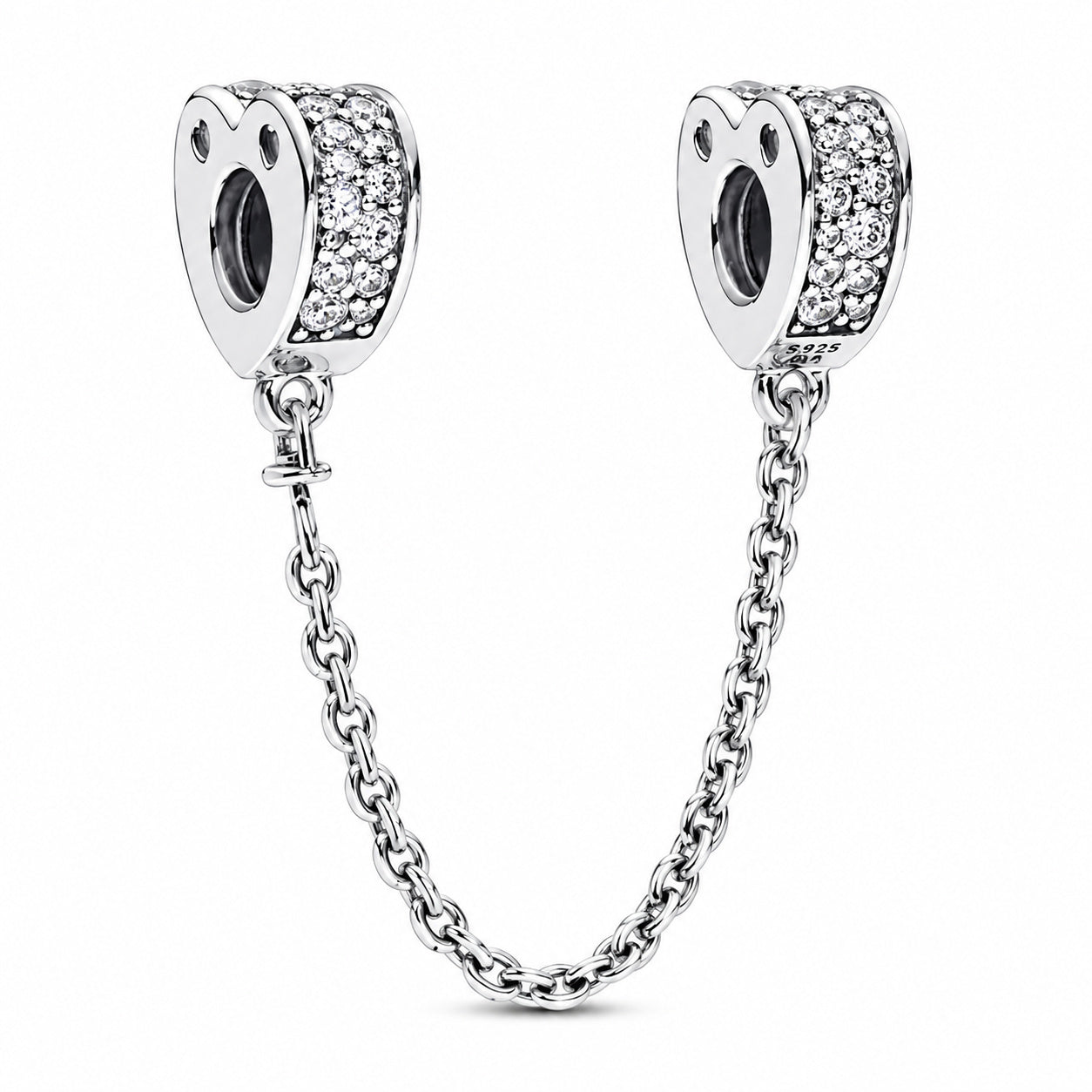 Sparkling Arc of Love Clear Pave Heart Safety Chain Charm Hallmarked S925 Sterling Silver