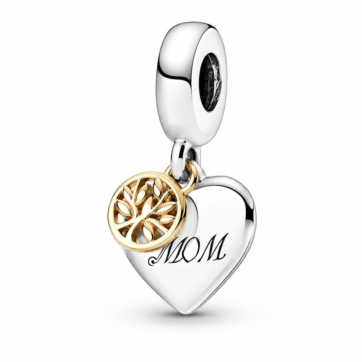 Two Tone Family Tree Mom Heart Dangle Charm Hallmarked S925 Sterling Silver