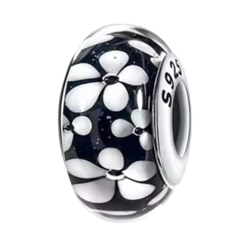 Black & White Flower Murano Charm Hallmarked S925 Sterling Silver