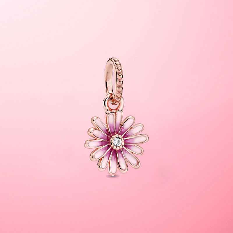 Pink Daisy Dangle Charm Hallmarked S925 Sterling Silver