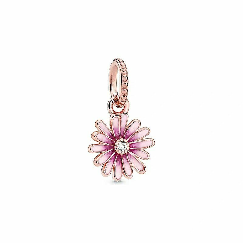 Pink Daisy Dangle Charm Hallmarked S925 Sterling Silver