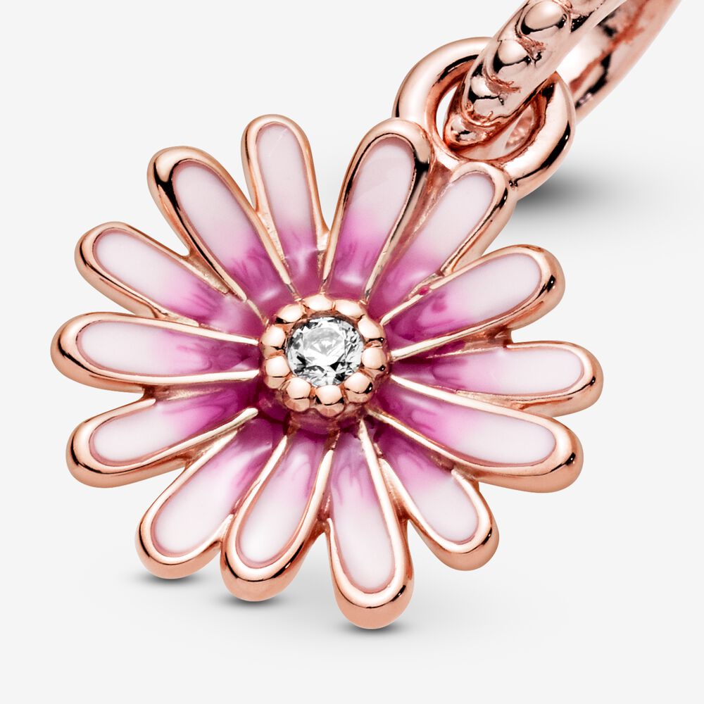 Pink Daisy Dangle Charm Hallmarked S925 Sterling Silver