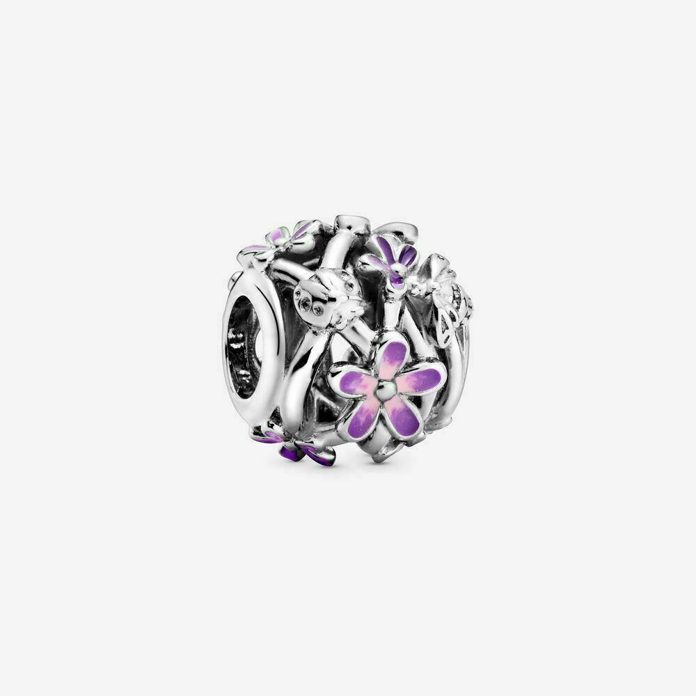 Openwork Purple Daisy Charm Hallmarked S925 Sterling Silver
